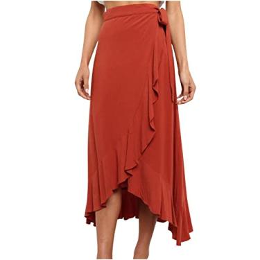 Imagem de %-C80 Conjunto de saia casual vermelha para mulheres renda chiffon maxi longo nó nó liso alto baixo conjunto de pacote feminino 2024 roupas country concerto M