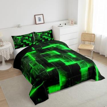 Imagem de Jogo de cama queen verde preto brilhante 3D búfalo moderno, arte abstrata, geométrico, xadrez, gradiente, futurista, cubos, edredom (preto reversível)