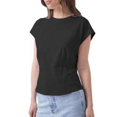 Imagem de Tankaneo Camiseta feminina de manga cavada, gola redonda, casual, básica, lisa, Preto, XXG