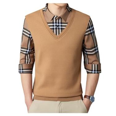 Imagem de Suéter masculino de lã sem costura falso duas peças quente camisa justa casual inverno lapela suéter, Café, XG