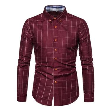 Imagem de Camisa masculina casual padrão xadrez ajuste solto mangas compridas punhos ajustáveis botões camisa, Vinho tinto, M