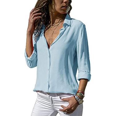 Imagem de ASKSA Blusa feminina de chiffon com botão elegante, casual, manga comprida, cor lisa, gola V, camiseta solta, Azul claro, G