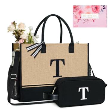 Imagem de TOPDesign Sacola de juta com inicial personalizada com zíper e 5 bolsos, conjunto de presente monograma para mulheres, aniversário dela, Preto e marrom, Large