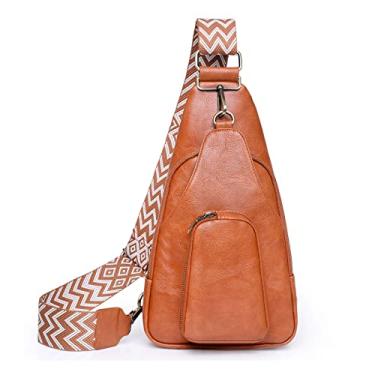 Imagem de KlaOYer Bolsas de couro para mulheres transversais pequenas pochete bolsas de peito com alça de guitarra para gril lady, castanho 2, Large, Transversal