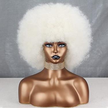Imagem de XINRAN Peruca afro de platina curta para mulheres negras, peruca loira crespo afro cacheado sintético resistente ao calor, peruca afro platina, fofa para uso em festa de cosplay (platina)