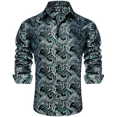 Imagem de Hi-Tie Camisas sociais masculinas de seda jacquard manga longa casual abotoada formal casamento camisa de festa de negócios, Floral, preto, verde, branco, M