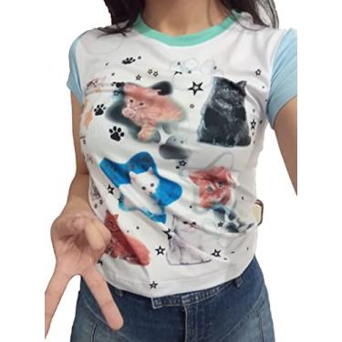 Imagem de VIKYAN Camisetas femininas de manga curta com estampa de gato Y2k camisetas de verão para meninas adolescentes, Branco, GG