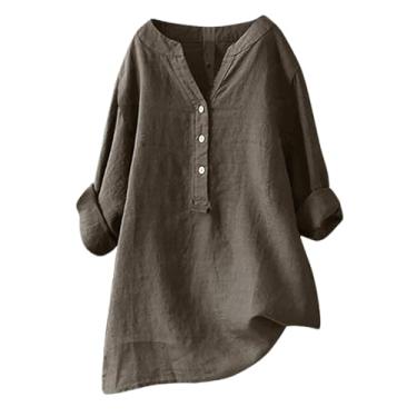 Imagem de Camiseta feminina de linho, abotoada, verão, grande, 2024, simples, básica, lisa, casual, manga comprida, blusas elegantes, Café, XXG