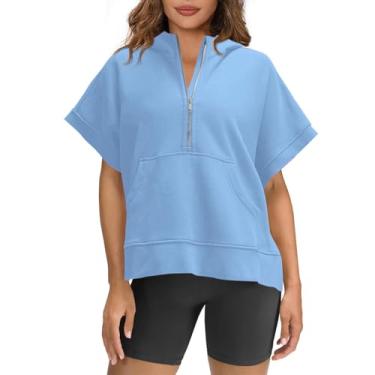 Imagem de Camisetas femininas grandes com capuz sólido meio zíper manga curta moletom casual verão pulôver tops com bolsos, Bu1, GG