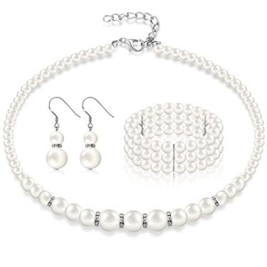 Imagem de Hicarer Conjunto de 3 joias de pérolas dos anos 1920, colar de pérolas, pulseiras, brincos simulados, conjunto de joias de pérolas falsas para casamento, bijuterias femininas, one size, Pérola