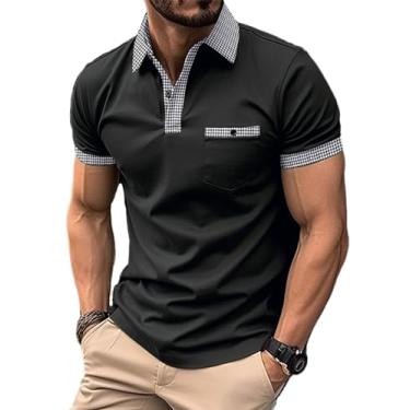 Imagem de Camisa polo masculina clássica casual manga curta xadrez splice camisetas polo de ajuste regular para negócios e golfe, Preto, G