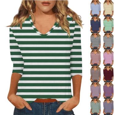 Imagem de Camisetas femininas listradas, colorblock, gola V, manga 3/4, caimento solto, casual, túnica para treino, Ag, M
