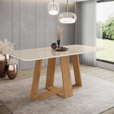 Imagem de Mesa de Jantar para 6 Lugares 1,8m Tampo Mdf e Vidro Canto Arredondado Lins Nature/Off White