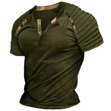 Imagem de Camiseta masculina casual primavera verão manga curta plissado gola Henley patchwork listrada, Dx-4 En8, M