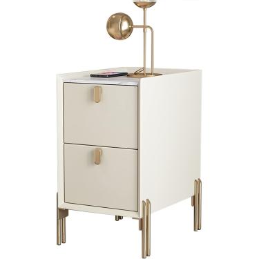 Imagem de Mesa lateral estreita de meados do século | Mesa de cabeceira moderna com 2 gavetas de armazenamento | Mesa de cabeceira minimalista de pedra sinterizada para espaços pequenos, branco sujo (