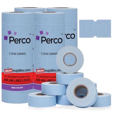 Imagem de Perco 1 linha de etiquetas azuis - 32 rolos, 4 mangas, 32.000 etiquetas de preço e data em branco para Perco Lite, X, Plus e Pro 1 linha preço e armas de data - Feito nos EUA