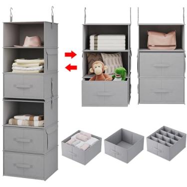 Imagem de Vailando Prateleiras suspensas de 6 camadas para armário, dois organizadores de armário com 3 prateleiras com 4 bolsos laterais e 3 gavetas, combináveis para organizador de guarda-roupa de dormitório
