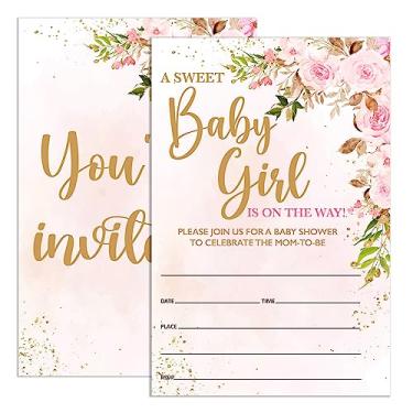 Imagem de UDNADKEX Convites de chá de bebê para meninas florais com envelopes, convites para chás de bebê festa blush rosa flores aquarela, cartões de convite para chá de bebê doce, 10 x 15 cm, conjunto de 20