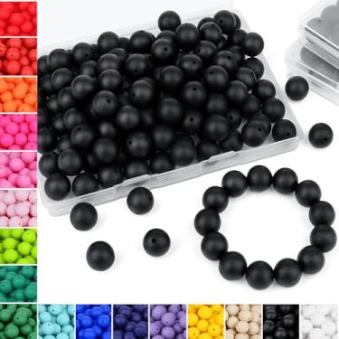 Imagem de NUKAYAI 70 peças de contas de silicone pretas de 15 mm para fabricação de chaveiros, contas de silicone redondas de borracha para fazer pulseiras e colar faça-você-mesmo (preto)