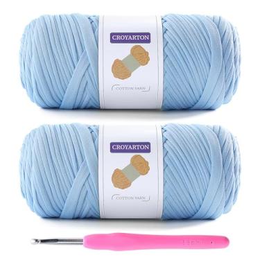 Imagem de Pacote com 2 fios de camiseta para crochê com 1 agulha de crochê, fio elástico para bolsa de crochê/cestas/decoração de casa, fio espaguete fio grosso de tricô comprimento total 130 metros, peso 397 g