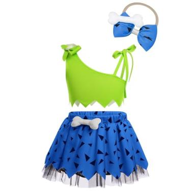 Imagem de Fantasia infantil de Bam Bam Bam, roupa histórica da idade da pedra do homem das cavernas para meninas, Halloween, cosplay, sessão de fotos, Verde + azul, 5-6 Anos