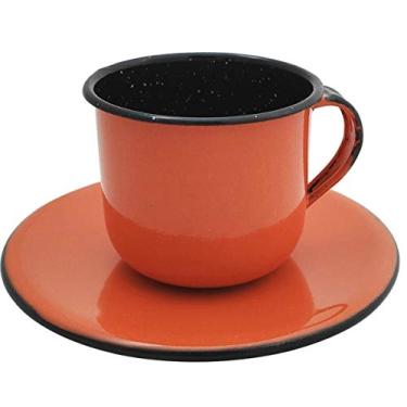 Imagem de Caneca Esmaltada Xícara Com Pires Para Chá Café 180ml Laranja