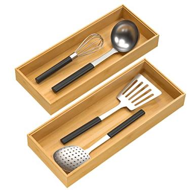 Imagem de Organizador de gaveta de bambu, organizador de utensílios empilhável para cozinha, bandeja de talheres para gaveta 38 cm x 15 cm x 5 cm conjunto com 2