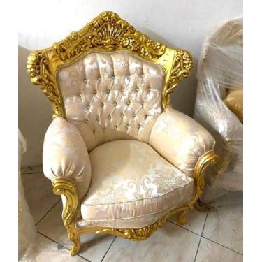 Imagem de Poltrona Madeira Tecido Nobre Folha Ouro Entalhes Impecaveis - luxdeco
