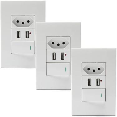Imagem de Kit 3 Tomadas Com Interruptor Com 2 Entradas USB 5V 2.1A 023 - Hamy