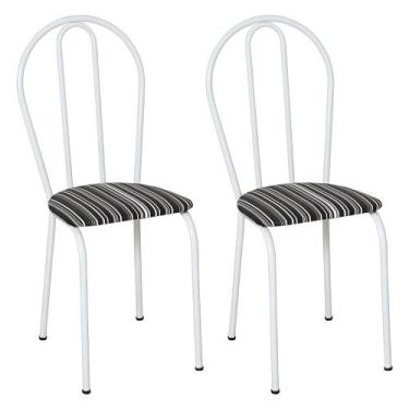 Imagem de Kit 2 Cadeiras de Cozinha Texas Estampado Listrado Pés de Ferro Branco