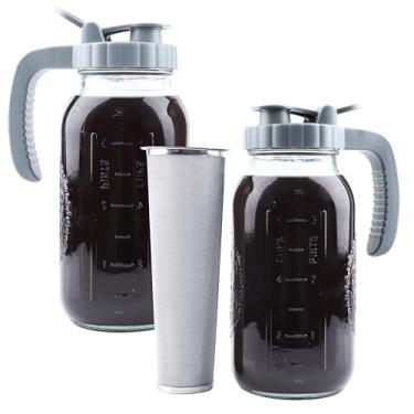 Imagem de Máquina de café Cold Brew 1,8 g, pacote com 2, jarra de cerveja fria com infusor, cafeteira gelada de 2 litros de boca larga com tampa de bico de despejo e cabo jarro hermético e à prova de vazamento