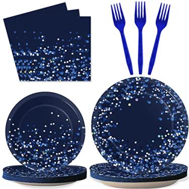 Imagem de 96 peças de artigos de festa azul e prata pratos de papel de confete de bolinhas brilhantes tema de glitter decoração de festa confete conjunto de talheres chá de panela festa de aniversário prato de papel garfo de guardanapo 24 convidados