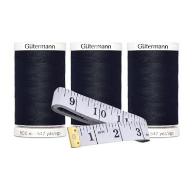 Imagem de Gutermann Rosca costurada (500 m/547 jardas cada), pacote com 3 unidades com fita métrica macia Bella's Crafts (preto - 10)