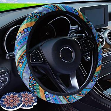 Imagem de Silence Shopping Pacote com 3 capas de volante boho com porta-copos de carro universais baja hippie estilo boêmio capas de volante bonitas para mulheres meninas 38 cm (azul)