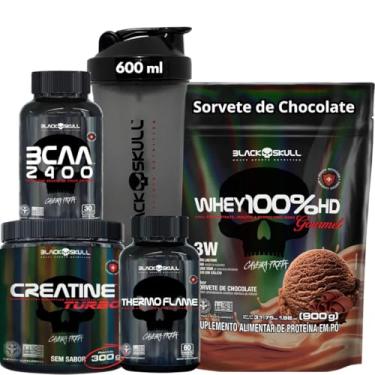 Imagem de Kit Suplemento Whey Protein 100% HD REFIL Gourmet + Creatina Monohidratada Turbo 300g + Termogênico Thermo Flame + Bcaa 2400 + Coqueteleira Shaker (900g, Whey Sorvete de Chocolate)