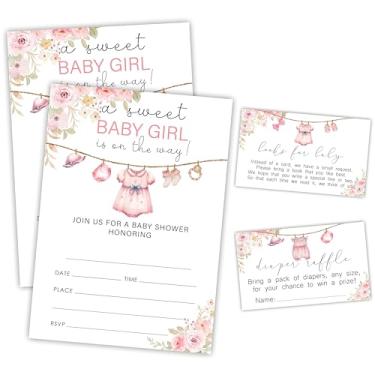 Imagem de EXW A Sweet Baby Girl Is On The Way! 25 cartões de convite de chá de bebê com envelopes, 25 cartões de solicitação de livros e ingressos de sorteio de fraldas, anúncio de bebê, lembrancinha de festa