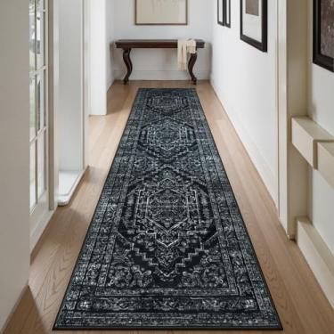 Imagem de Uphome Longos corredores para corredores, tapete lavável de 2'6x10 para cozinha, antiderrapante, tapete de entrada macio tradicional de pelo baixo, resistente a manchas para corredor, banheiro, preto