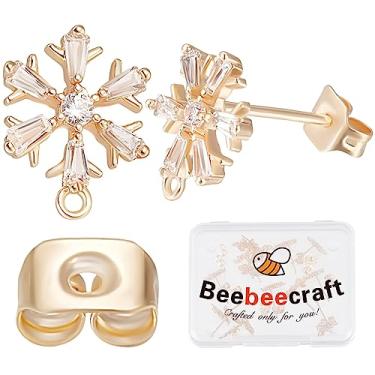 Imagem de Beebeecraft 1 caixa com 20 peças de brincos de zircônia folheados a ouro 18 quilates de floco de neve com laço e porcas de orelha de latão para inverno, Natal, Ano Novo, aniversário, faça você mesmo