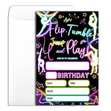 Imagem de Wybgno Convite de festa de aniversário de ginástica 20 pular e brincar festa temática néon convite de aniversário com envelopes para meninos meninas cartões de convite de festa -4 × 6 polegadas -B012