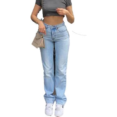 Imagem de Calças de brim de perna reta clássica para mulheres soltas cintura alta femme calças moda casual azul lavagem algodão denim mãe jeans baggy, azul, m