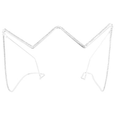 Imagem de GALPADA Óculos de sol sem lente diamante armação em forma de V strass brilhante meia armação óculos de cristal de metal com corrente pendurada para mulheres, Prata, 15.50X3.90X2.20CM