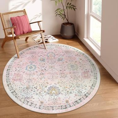 Imagem de Lahome Tapete boho rosa claro de 1,8 m, tapetes circulares laváveis para sala de jogos, quarto de crianças, tapete redondo de berçário floral macio, antiderrapante, tapete pastel para quarto e sala de