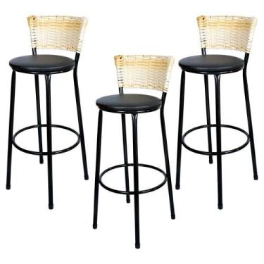 Imagem de Jogo 3 Banqueta Alta Ratan Hawai Preta Palha - Lamar Design