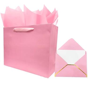 Imagem de jabberwpacking Bolsa de presente grande rosa premium de 33 cm com papel de seda e cartão (bolsa de presente de papel de seda) para mulheres, meninas, aniversário, chá de bebê