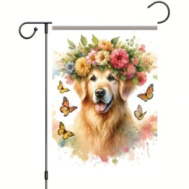 Imagem de Starlit Patio Bem-vindo primavera verão jardim bandeira 30 x 45 dupla face Golden Retriever bandeira de jardim animal de estimação flores borboletas quintal decorações exteriores floral sazonal
