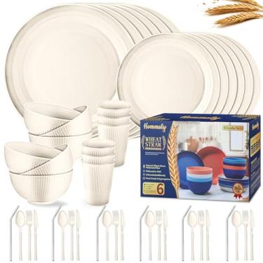 Imagem de Conjuntos de louça de palha de trigo, 48 peças de pratos e tigelas bege para 6 unidades, inquebráveis, jogo de pratos de plástico reutilizável - prato de jantar/prato de sobremesa/tigela de