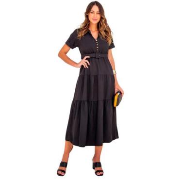 Imagem de Vestido feminino manga curta midi com cinto e saia evase em crepe eleg