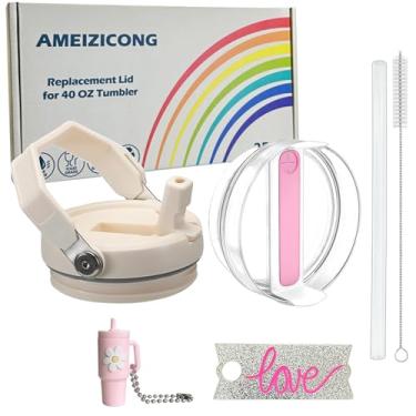 Imagem de 2 peças de substituição de tampa de canudo flip para Stanley copo de 1,134 g, à prova de derramamento e resistente a respingos, acessório Stanley Quencher Cup (creme e rosa claro)