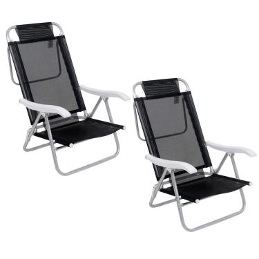 Imagem de Kit 2 Cadeira Reclinável Sunny 6 Posições Alumíno Praia Piscina Camping Preta - 063007 Belfix