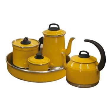 Imagem de Conjunto Kit Café Chá 5 Peças Alumínio Com Bule Chaleira Açucareiro Leiteira e Forma (Amarelo)